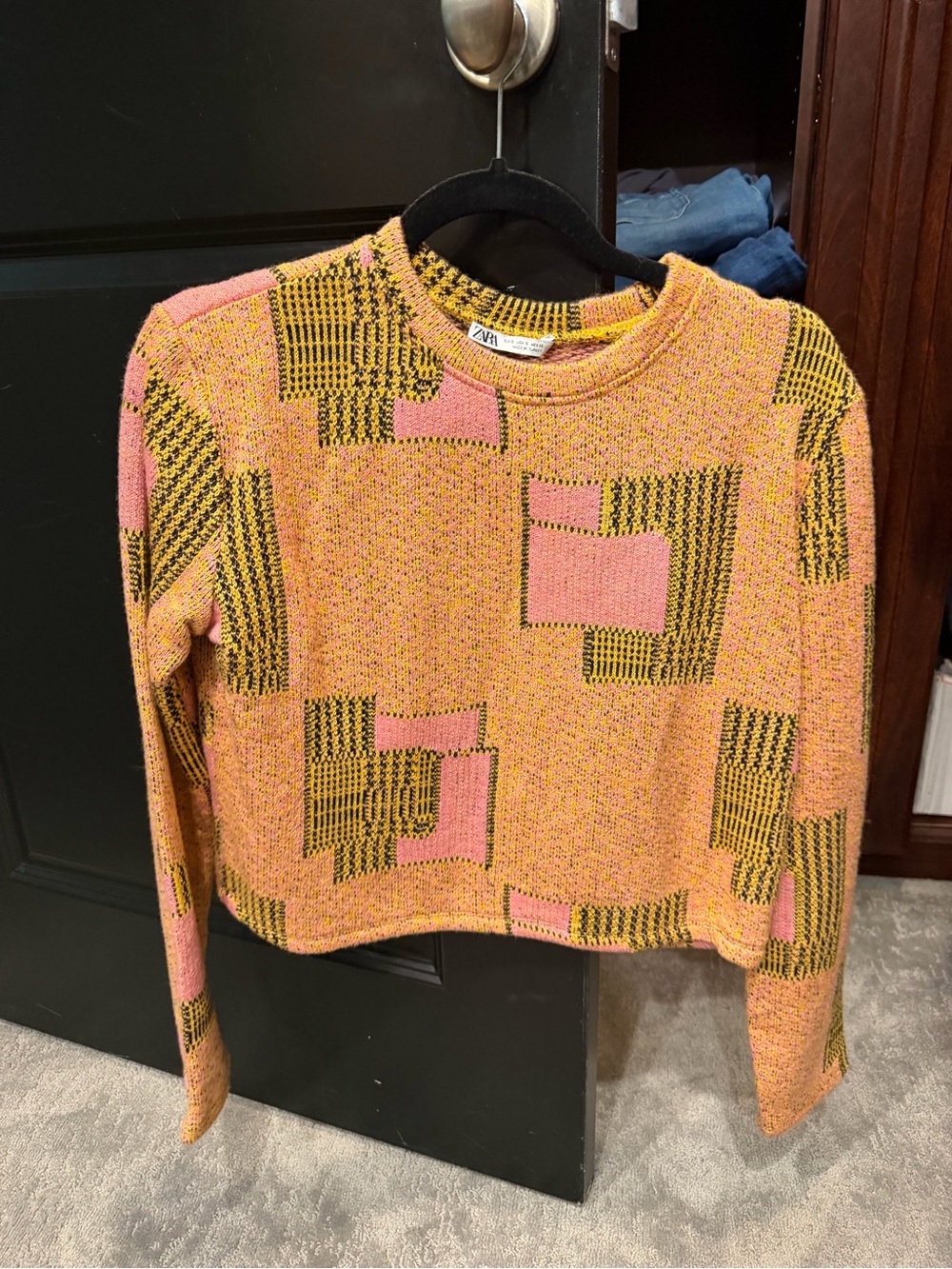 Zara Pink and Mustard Colorblock Knit Sweater